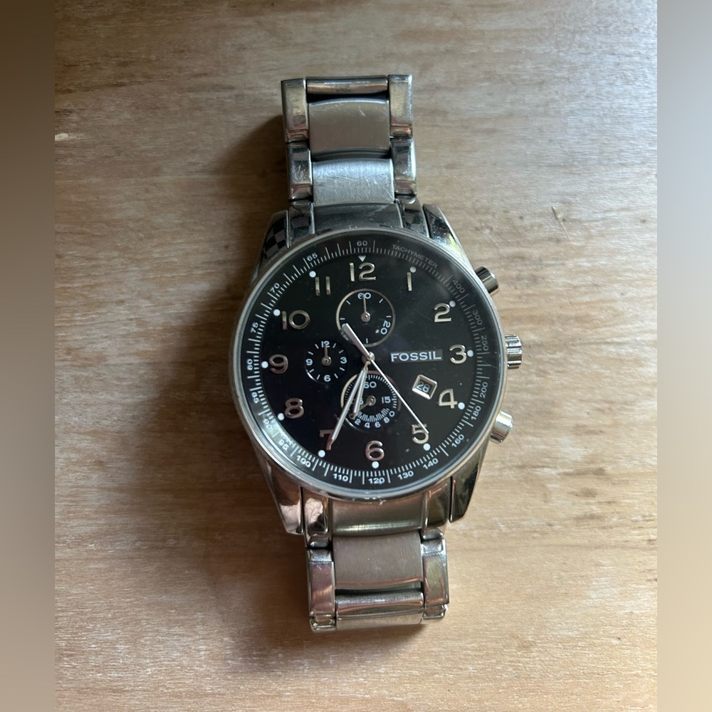 Men’s Fossil Black Dial Silver Band Watch